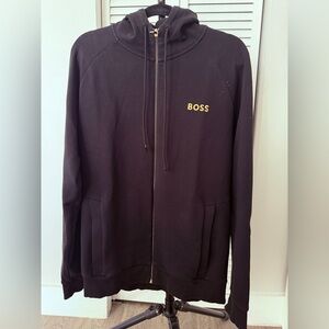 BOSS Men's Black Zip-Up Sweater with Gold Logo